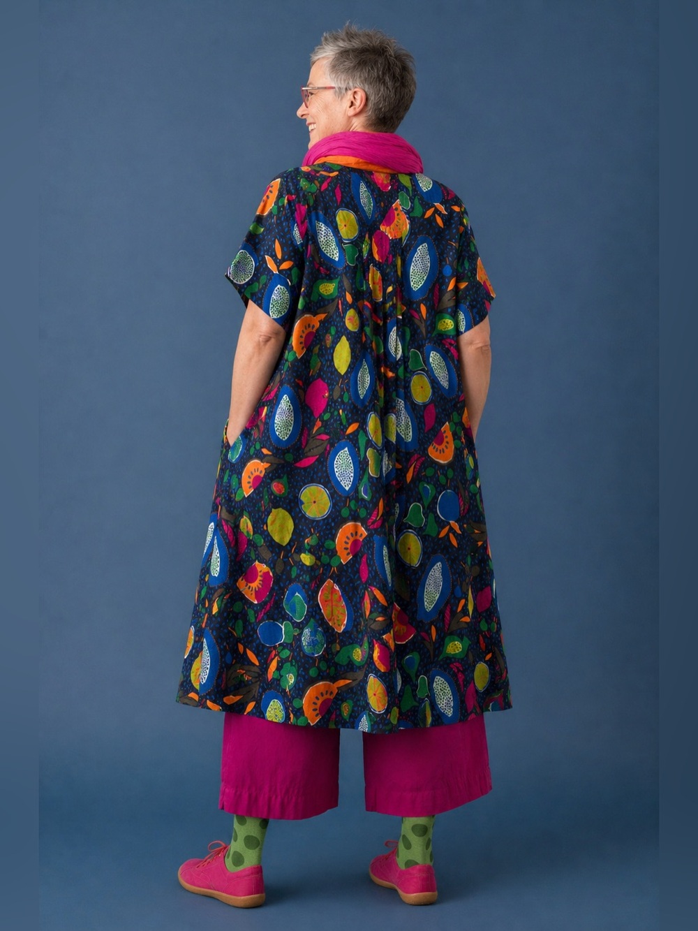 Gudrun Sjoden 100% Linen Blue Black Colorful Fruit Dress lagenlook Size Large - Picture 6 of 11